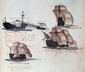 Denkwürdigkeiten der Armadas von Portugal unter König Manuel I.: Darstellung der Karavellen der portugiesischen Flotte. Miniatur aus einem Manuskript von 1497. Lissabon. Nationalmuseum für alte Kunst