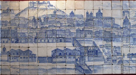 Panoramablick auf Lissabon vor dem Erdbeben von 1755 - Azulejos vom Beginn des 18. Jahrhunderts, Tafel mit Hinweis auf den ehemaligen Palast der Grafen von Tentúgal, Lissabon (großes Lissabon-Panorama vor dem Erdbeben von 1755, Fayence vom Beginn des 18.