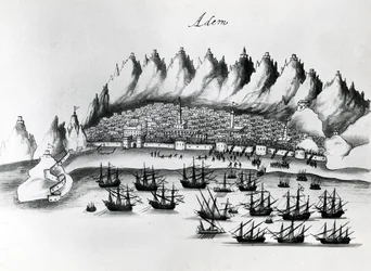 Portugiesischer Angriff auf Aden, Illustration aus Legends of India von Gaspar Correia, ca. 1858
