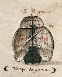 Vasco da Gamas Karavelle, Illustration aus „Memorias das Armadas...“, ca. 1568