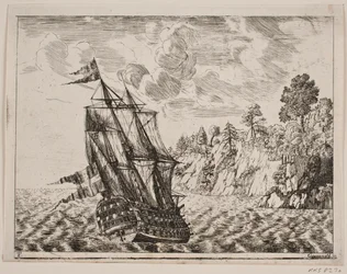 Dänisches Kriegsschiff an der Felsenküste