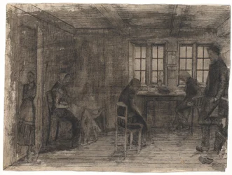 Interieur aus einer Bauernstube mit fünf Personen