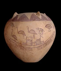 Gebrannter Tonkrug mit bemalten Verzierungen, einschließlich Boote und Tiere, ca. 3400-3300 v. Chr.
