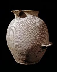Prähistorisch: Polychrome Keramikvase aus Jericho. 3000-2100 v. Chr. Amman, Archäologisches Museum, Jordanien