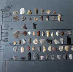Vorgeschichte, Pontiniano-Kultur: Steine und Feuerstein (lithische Produktion) aus der Höhle von Moscerini, Latium. Steinzeit. Jungpaläolithikum. Rom, Museo Nazionale Preistorico Etnografico Luigi Pigorini