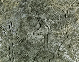 Vorgeschichte, Felskunst: Petroglyphe (Graffiti auf Stein) einer Jagdszene. Neolithikum, Steinzeit. (Aserbaidschan) Bronzezeit. Baku, Aserbaidschanisches Staatliches Religionsgeschichtliches Museum