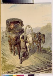 Troika (russisches Gespann gezogen von drei Pferden) - Pyotr Petrowitsch Sokolow, Aquarell auf Papier
