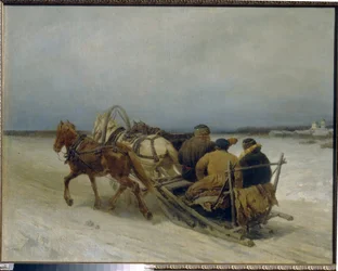 Troika im Winter (traditionelles russisches Gespann, gezogen von drei Pferden) - Pyotr Petrowitsch Sokolow, Öl auf Leinwand