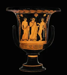 Rotfiguriger Krater, Rückseite: drei Personen
