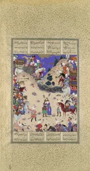 Faridun umarmt Manuchihr, Folio 59v aus dem Shahnama Buch der Könige, ca. 1525