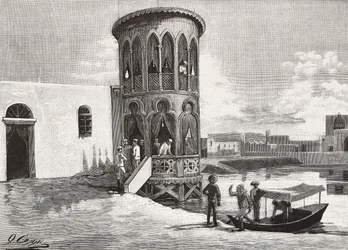 Ein kleiner maurischer Turm, in dem sich der Klub der italienischen Offiziere befindet, Massaua, Eritrea, Stich nach einer Zeichnung von Quinto Cenni und einer Skizze von Pieragostini, aus L’Illustrazione Italiana, Jahrgang 12, Nr. 43, 25. Oktober