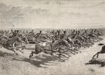 Pferdeartillerie der italienischen Armee im vollen Galopp, Lombardei, Italien, Gravur nach einer Zeichnung von Quinto Cenni, aus L