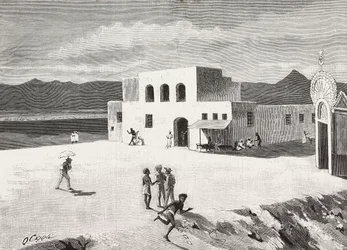 Italienisches Postgebäude, Massawa, Eritrea, Gravur nach einer Zeichnung von Quinto Cenni und einer Skizze von Pieragostini, aus L