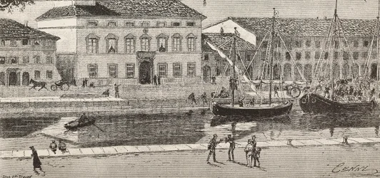 Das Rathaus und der Hafenkanal, Cesenatico, Italien (Stich)