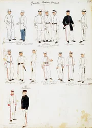 Uniformen der Zollwache des Königreichs Italien zwischen 1873-1878, Tafel aus dem Cenni-Codex, Sammlung militärischer Skizzen in Aquarell