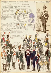 Verschiedene Uniformen des Königreichs Italien von 1805. Farbtafel von Cenni Quinto
