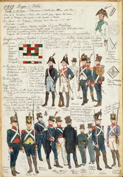 Verschiedene Uniformen des Königreichs Italien von 1807. Farbtafel von Cenni Quinto