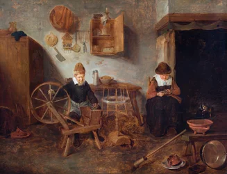 Ein Interieur mit einem alten Mann beim Spinnen und einer alten Frau beim Nähen am Feuer