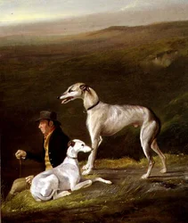 Alter Sandy, Trainer von Alexander Graham, mit zwei Windhunden in einer Hochlandlandschaft