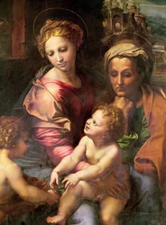 Die Heilige Familie (oder Die Perle), Detail: die Jungfrau, Heilige Elisabeth und das Kind, ca. 1518