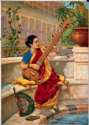 Eine sitzende indische Frau spielt Sitar neben einem Gartenteich