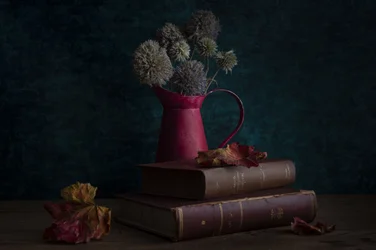 Herbstliche Bücher und Krug