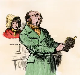 Alltagsleben, England: Anglikanische Gläubige singen zu Weihnachten, in einem Liederbuch, in einem Tempel, um 1800. Farbige Gravur, basierend auf einer Illustration von Randolph Caldecott