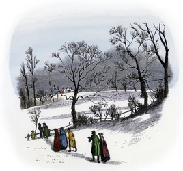Alltagsleben, England: Bewohner des Landes gehen zu einer Weihnachtsfeier auf einem nahegelegenen Bauernhof um 1800. Farbige Gravur, basierend auf einer Illustration von Randolph Caldecott