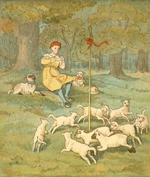 Der Bauernjunge spielt seine Pfeife, während die Lämmer um seinen Hirtenstab tanzen, um 1881