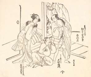 Szene aus einem Drama: Matsumoto Koshiro I und zwei andere Schauspieler