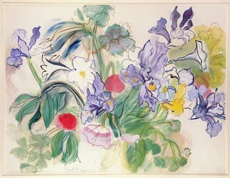 Blumenstrauß aus Iris und roten Mohnblumen