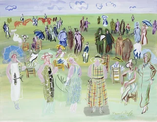 Poiret Mannequins bei den Rennen, mit blauen Schirmen