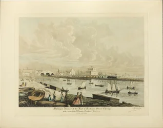 Michigan Avenue am Fuß der Madison Street, Chicago, mit Blick auf die Illinois Central Station im Jahr 1864