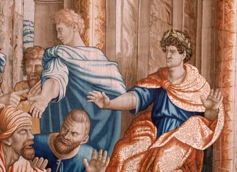 Flandrischer Wandteppich. Serie Taten der Apostel. Elymas wird blind. Siebter Wandteppich in der Serie. Modellzeichnung von Rafael Sanzio. Herstellung Jan Raes II, Brüssel. Ca. 1605-1629.