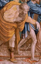 Flandrischer Wandteppich. Serie Taten der Apostel. Paulus und Barnabas in Lystra. Achter Wandteppich in der Serie, er wurde in zwei Teile geteilt, um ihn an den Raum anzupassen. Modellzeichnung von Rafael Sanzio. Herstellung Jan Raes, Brüssel. 1519.