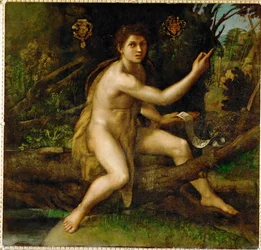Johannes der Täufer in der Wüste, zeigt den Baum, der ...