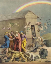 Noah, seine Familie und die Tiere verlassen die Arche nach der Flut