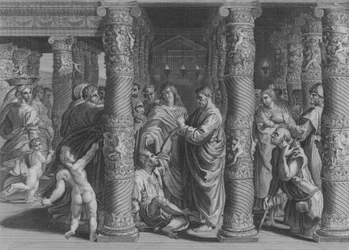 Petrus und Johannes am Schönen Tor, Apostelgeschichte 3, Vers 1-12 (Gravur)
