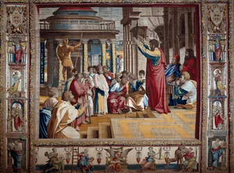 Der Apostel Paulus predigt auf dem Areopag von Athen. Wandteppich nach einem Gemälde auf Karton von Raffaello Sanzio dit Raphael (1483-1520), Anfang des 16. Jahrhunderts Mantua, Palazzo Ducale