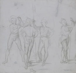 Gruppe von vier stehenden Soldaten (Silberstift auf blau-grauer Vorbereitung auf cremefarbenem Papier)