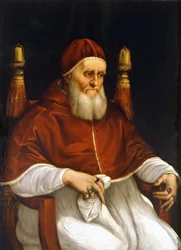 Porträt von Papst Julius II. (1503-1513). Gemälde von Raffael (Raffaello Sanzio). Florenz, Uffizien