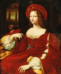 Porträt von Giovanna von Aragon, sitzend, dreiviertellang, in ihrem Zimmer