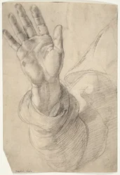 Erhobene rechte Hand, mit nach außen gerichteter Handfläche: Studie für den heiligen Petrus