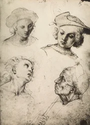 Studie von vier männlichen Gesichtern; Zeichnung von Raphael. Gallerie dell