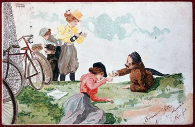 Landparty: Picknick und Radfahren - Illustration von R. Kirchner, um 1900
