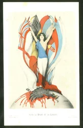 Postkarte, Farbsatire: Für Recht und Freiheit - Krieg von 14-18, Alliierte, Flaggen - Adler Illustration von Kirchner (1876-1917)