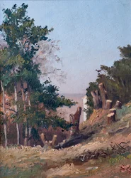 Gefällte Bäume, im Hintergrund, Mündung der Gironde