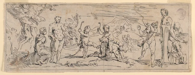 Kinder spielen mit einem Satyr