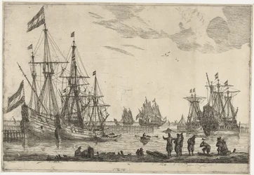 Vier Segelschiffe hinter einem Wellenbrecher (Dreizehn Szenen mit Schiffen)