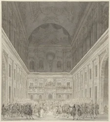 Ball im Bürgersaal des Rathauses von Amsterdam zu Ehren des Besuchs von Prinz Wilhelm V. und Wilhelmina von Preußen, Juni 1768